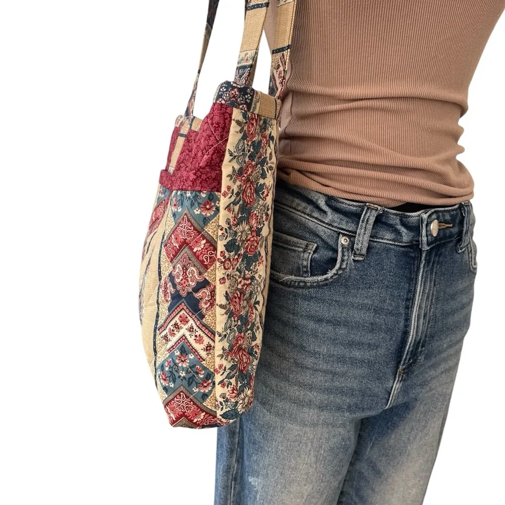 Vintage 90s handmade quilted floral stripe tote bag pink blue cream